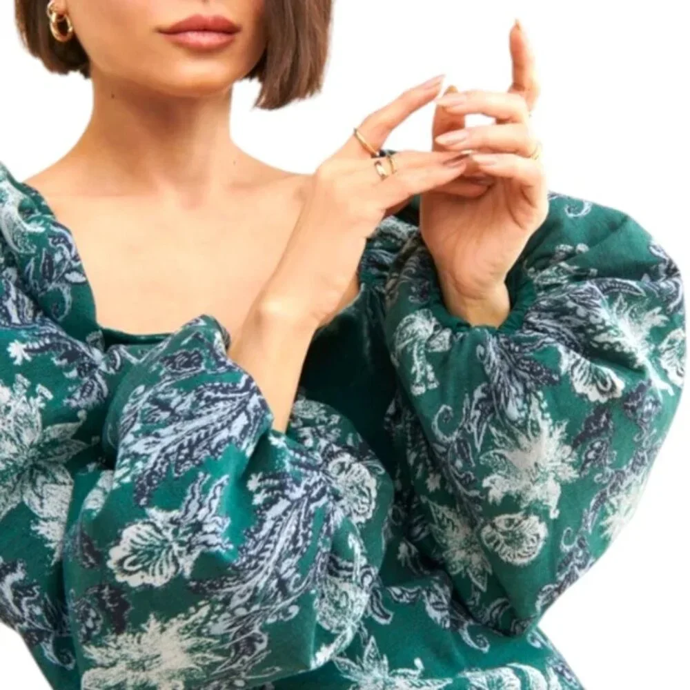EUC Free People Lauren Green Floral Velvet & Tapesty Holiday Mini Dress